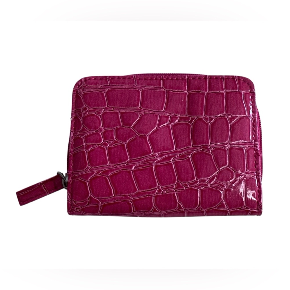 Pink faux leather crocodile wallet with 3 card slots & billfold compartment